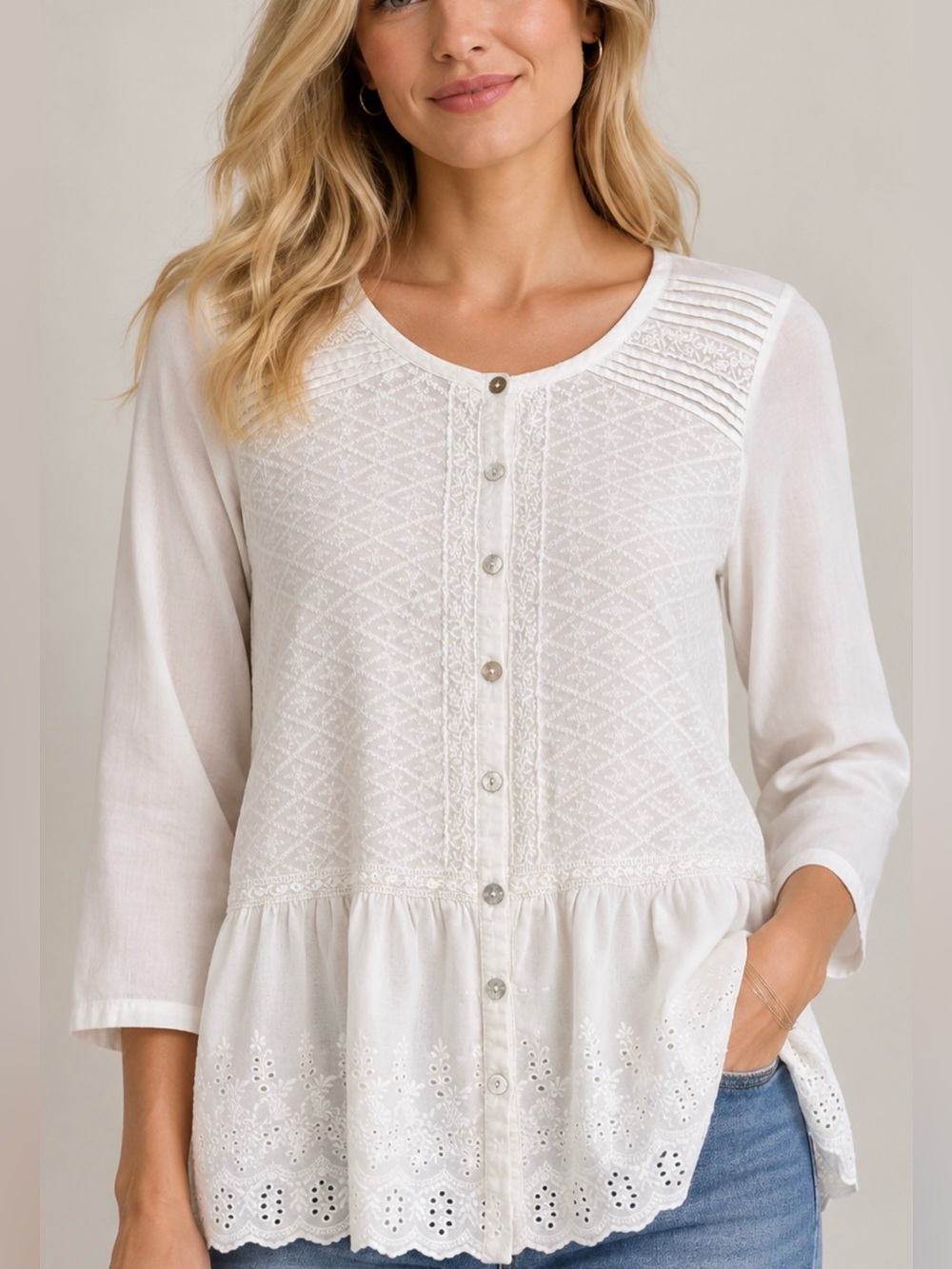 LOGO by Lori Goldstein XXS White Lace-Trim Button Front Top